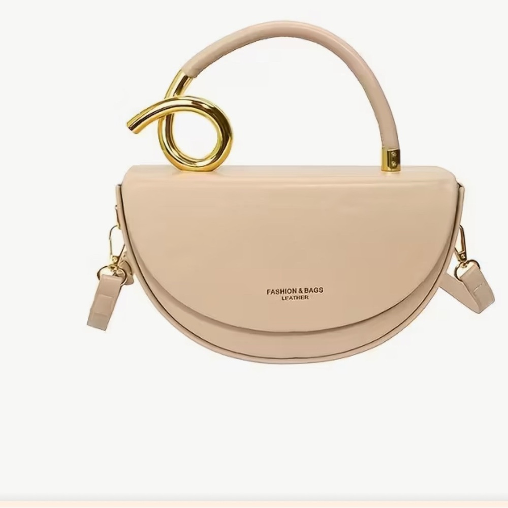 Beige Handbag with Gold Handle Accent